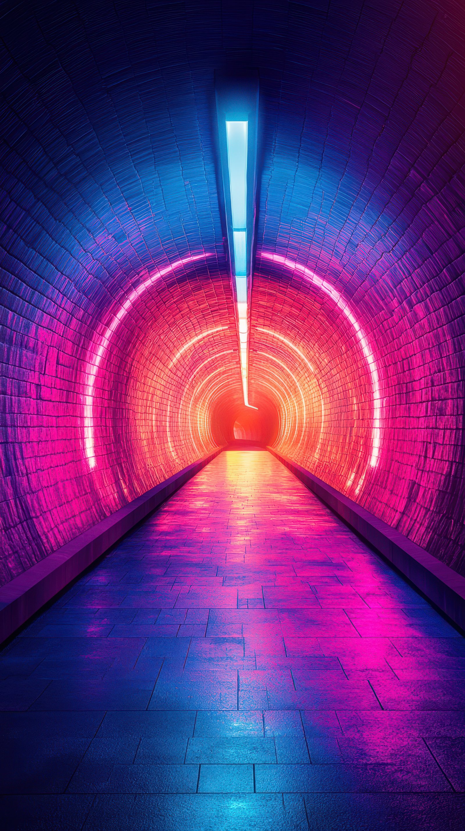 Vibrant neon tunnel illuminated with colorful lights at twilight in an urban setting